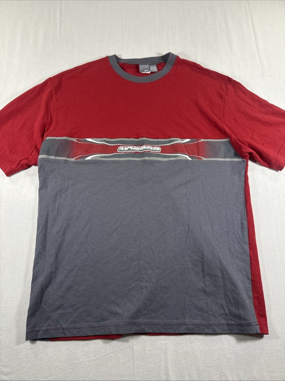 Vintage 90’s No Fear Red / Gray Colorblock Mesh T-Shirt Sz XL Made USA Motocross